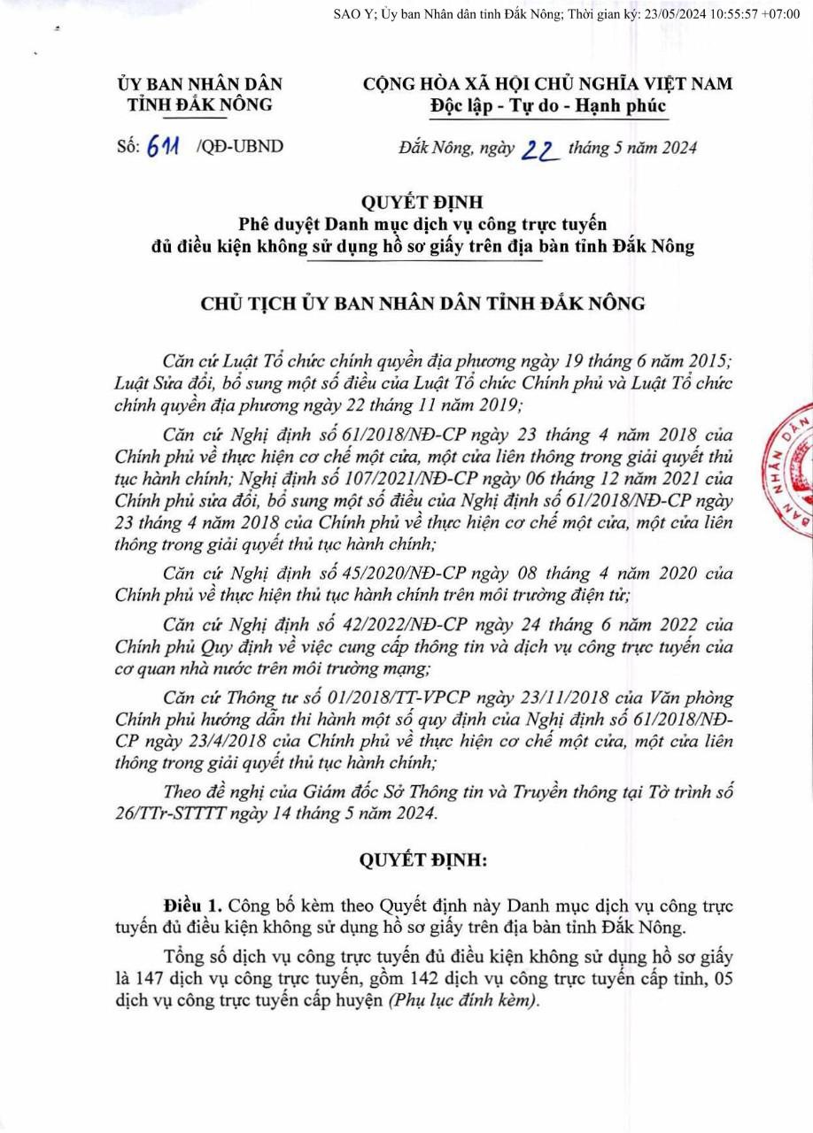 DANH MỤC DỊCH VỤ CÔNG TRỰC TUYẾN ĐỦ ĐIỀU KIỆN KHÔNG SỬ DỤNG HỒ SƠ GIẤY TRÊN ĐỊA BÀN TỈNH ĐẮK NÔNG